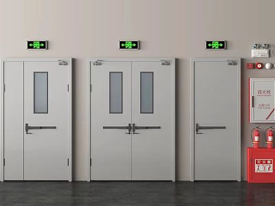 Industrial Safety Exit Doors With Green Signs Fire Extinguishers And Alarm 3d model