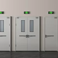 Industrial Safety Exit Doors With Green Signs Fire Extinguishers And Alarm