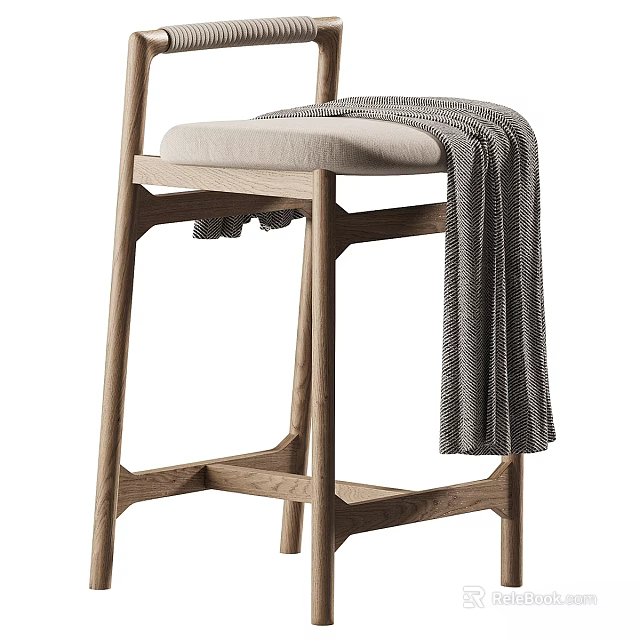 Modern Wooden Frame Leisure Chair With Beige Cushion And Gray Blanket 3d model 