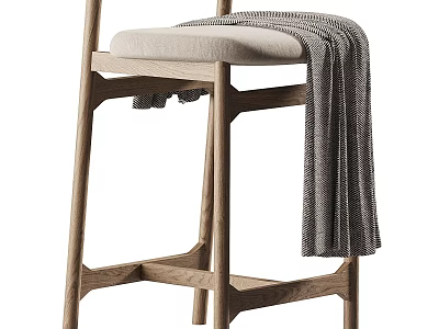 Modern Wooden Frame Leisure Chair With Beige Cushion And Gray Blanket 3d model