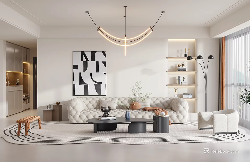 Modern Living Room Interior With White Tufted Sofa Black Coffee Table Geometric Artwork And Chandelier 3d model 