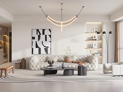 Modern Living Room Interior With White Tufted Sofa Black Coffee Table Geometric Artwork And Chandelier 3d model