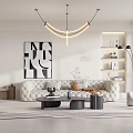Modern Living Room Interior With White Tufted Sofa Black Coffee Table Geometric Artwork And Chandelier