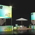 Outdoor Booth Scene with Numbered 01 02 Umbrella Seating Plants and Nighttime Ambiance