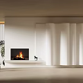 Modern Fireplace Interior Design With Burning Fire White Textured Wall Potted Plant And Decorative Statue