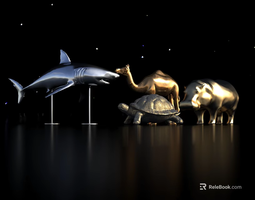 Silver and Gold Metal Animal Figurines Decorative Ornament Set on Black Background 3d model 