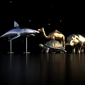 Silver and Gold Metal Animal Figurines Decorative Ornament Set on Black Background