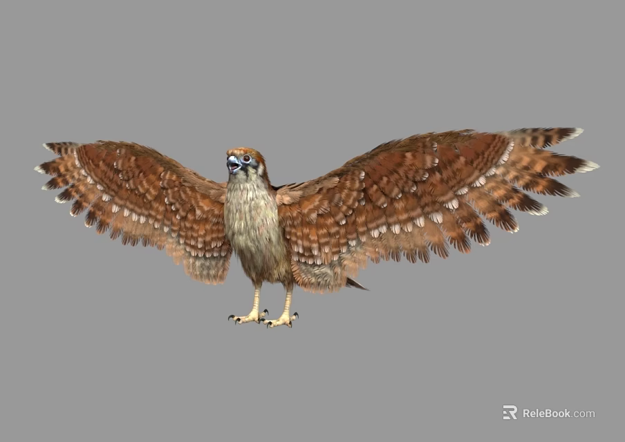Majestic Eagle Spreading Wings With Brown Spotted Feathers Blue Eyes Yellow Talons And Gray Background 3d model 