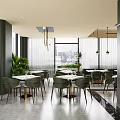 Modern Restaurant Interior Featuring Dark Green Walls Golden Pendant Lights Large Windows And City View