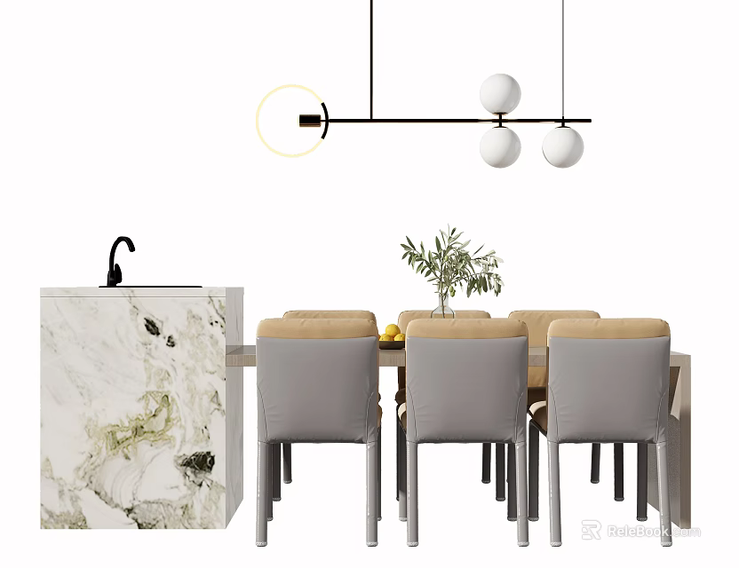 Modern Dining Table Set With Gray Beige Chairs And Marble Countertop Pendant Light 3d model