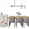 Modern Dining Table Set With Gray Beige Chairs And Marble Countertop Pendant Light 3d model