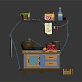 Blue Commercial Kitchen Workstation With Countertop Drawers Shelf Pot And Mug On Top
