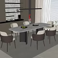 Elegant Modern Dining Table Set With Marble Top And Six Light Gray Chairs