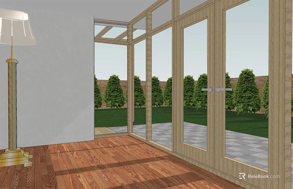 Single Family House Interior With Large Glass Doors And Green Garden View 3d model 