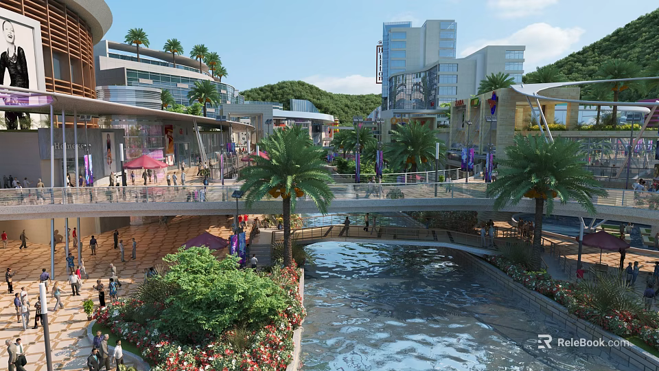 Vibrant Commercial Street With River Pedestrian Bridge Palm Trees Pedestrians Modern Buildings And Lush Greenery 3d model 