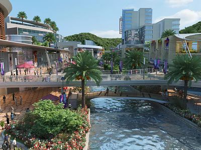 Vibrant Commercial Street With River Pedestrian Bridge Palm Trees Pedestrians Modern Buildings And Lush Greenery 3d model