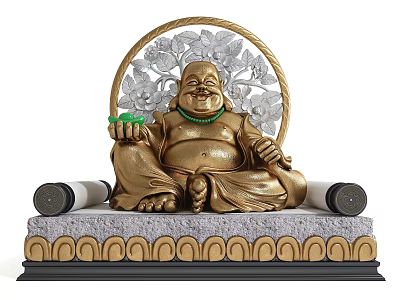 Golden Buddha Sculpture with Green Bead Necklace Holding Green Object Circular Ornament on Gray Base 3d model