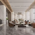 Modern Reception Area Interior With Revolving Door Marble Walls And Pendant Lights