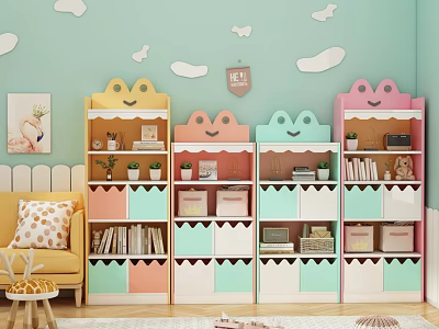 Colorful Cartoon Frog Shaped Bookcases With Books Decorations And Cloud Wall Decor In Kids Room 3d model