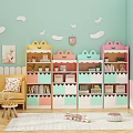 Colorful Cartoon Frog Shaped Bookcases With Books Decorations And Cloud Wall Decor In Kids Room