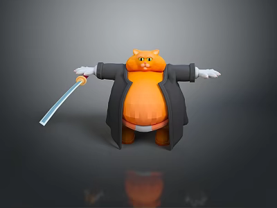Plush Orange Cat Wearing Black Coat Arms Outstretched Holding Blue Sword Gray Background With Reflection 3d model