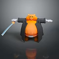 Plush Orange Cat Wearing Black Coat Arms Outstretched Holding Blue Sword Gray Background With Reflection