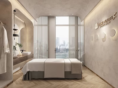 Modern SPA Sauna Room Interior With Massage Bed And City View Window 3d model