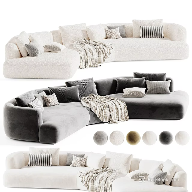 Stylish Sectional Sofa With Plush Pillows And Throw Blanket In Multiple Colors 3d model 