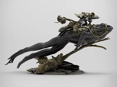 Black and Gold Mythical Sculpture Featuring Frog Shaped Creature with Feathered Rider and Rocky Base 3d model