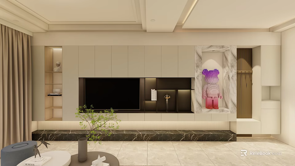 Modern TV Wall Design With Cabinets Marble Accent And Decorative Lighting 3d model 