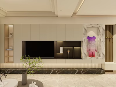 Modern TV Wall Design With Cabinets Marble Accent And Decorative Lighting 3d model