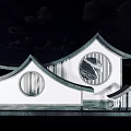 Traditional Architectural Scenic Wall With Circular Windows And Overhanging Eaves Under Blue Sky