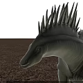 Green Dinosaur with Spiked Back Standing on Gravel Ground in Front of Glass Building Background