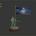 Armored Game Character with Cloak and Blue Flag Featuring Emblem Stars on Skull Decorated Base
