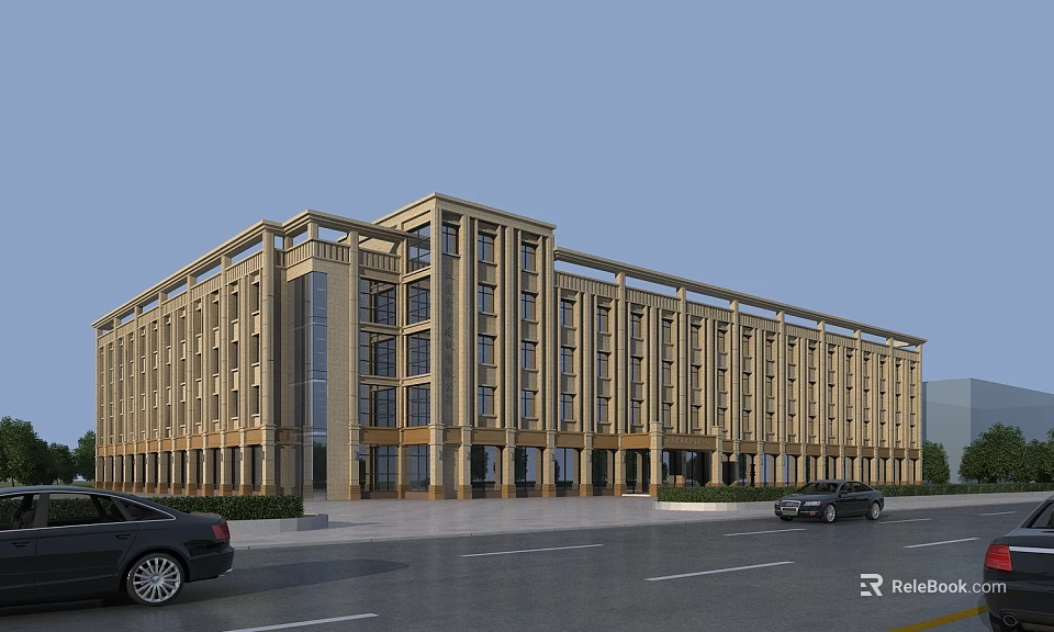 Modern Office Building Exterior Design With Golden Facade Large Glass Windows And Street Front Parking 3d model 
