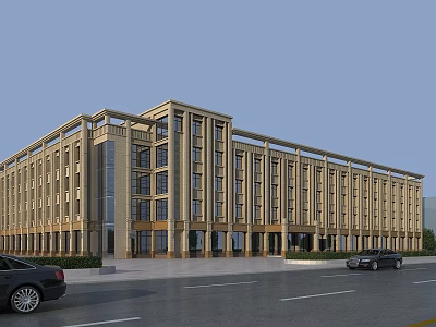 Modern Office Building Exterior Design With Golden Facade Large Glass Windows And Street Front Parking 3d model