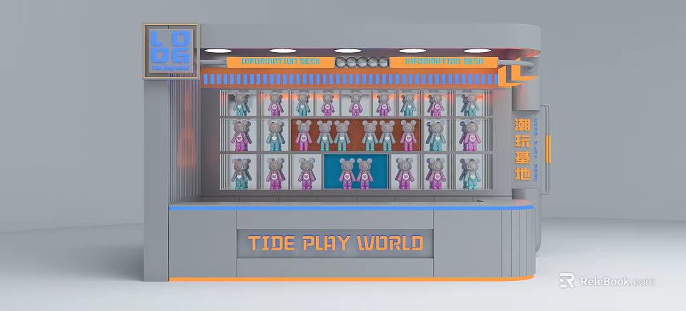Front Desk Reception at Tide Play World With Display Shelves And Trendy Toy Figures 3d model 