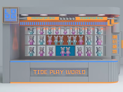 Front Desk Reception at Tide Play World With Display Shelves And Trendy Toy Figures 3d model