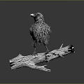Metallic Raven Sculpture Standing On Tree Branch Gray Background With Reflection 3d model