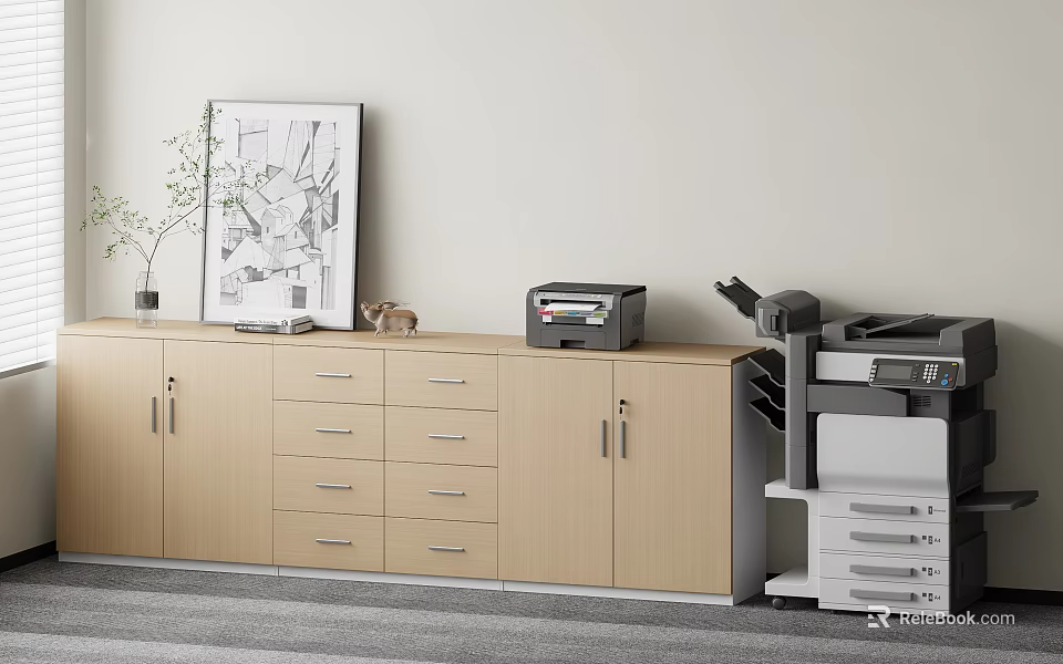 Modern Wooden Office File Cabinet With Drawers Doors And Office Equipment 3d model 