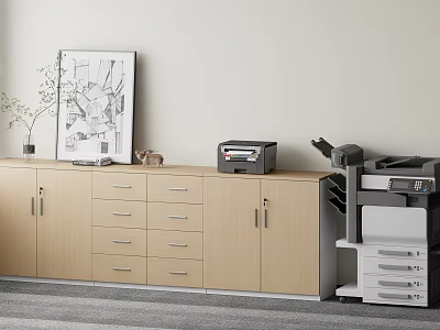 Modern Wooden Office File Cabinet With Drawers Doors And Office Equipment 3d model
