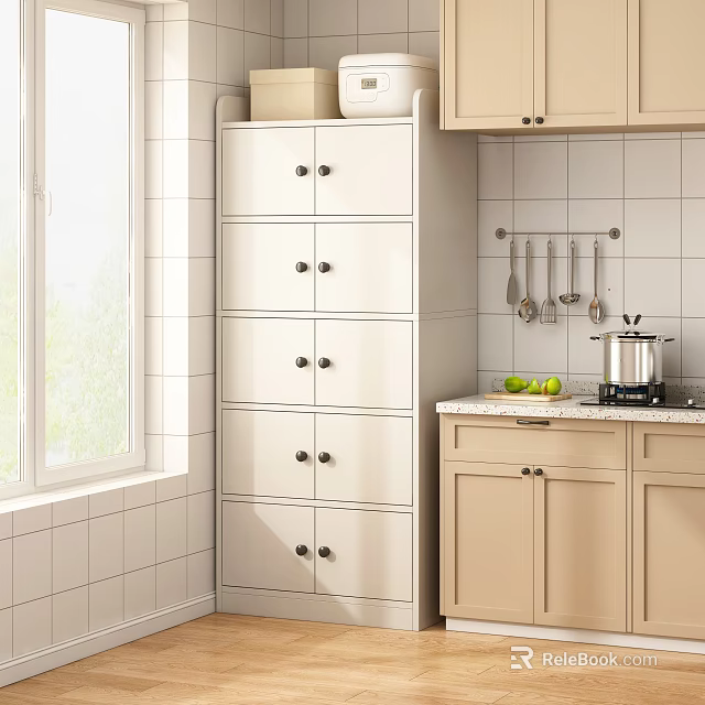 Modern Kitchen Storage Cabinet With Multiple Drawers And Doors Against White Tile Wall Near Window 3d model 