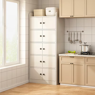 Modern Kitchen Storage Cabinet With Multiple Drawers And Doors Against White Tile Wall Near Window 3d model