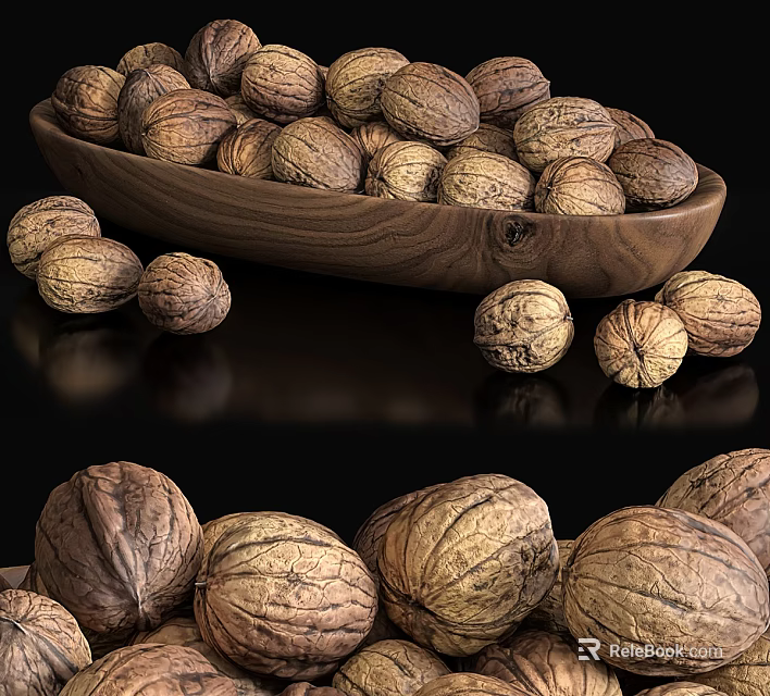 Whole Fresh Walnuts in Wooden Bowl Scattered on Black Background 3d model 