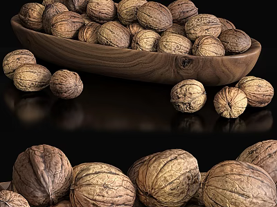 Whole Fresh Walnuts in Wooden Bowl Scattered on Black Background 3d model