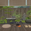 Japanese Zen Courtyard Garden With Wooden Deck Bamboo Blinds Stone Table Moss And Green Plants