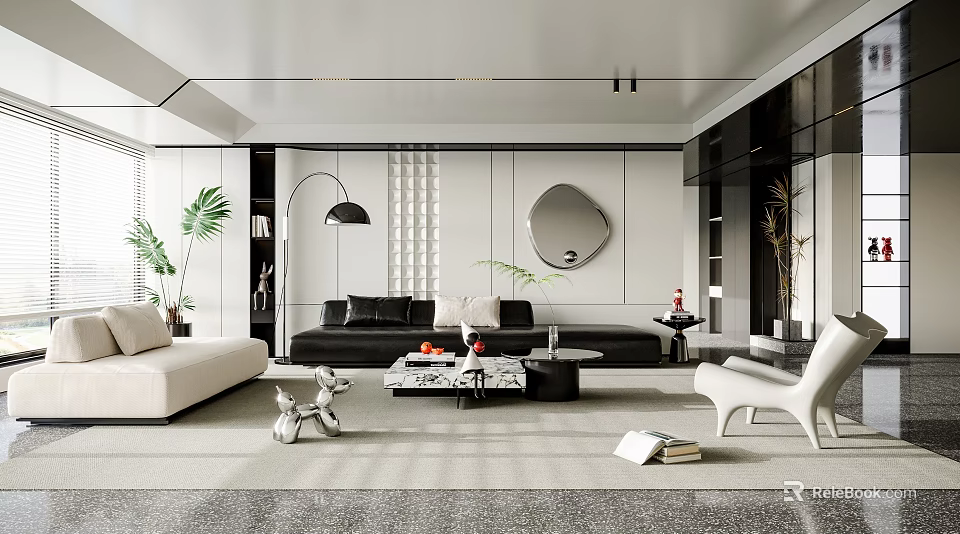Elegant Modern Living Room Interior With Black Sofa White Armchair Round Mirror And Green Plant 3d model 