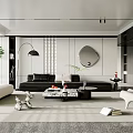 Elegant Modern Living Room Interior With Black Sofa White Armchair Round Mirror And Green Plant