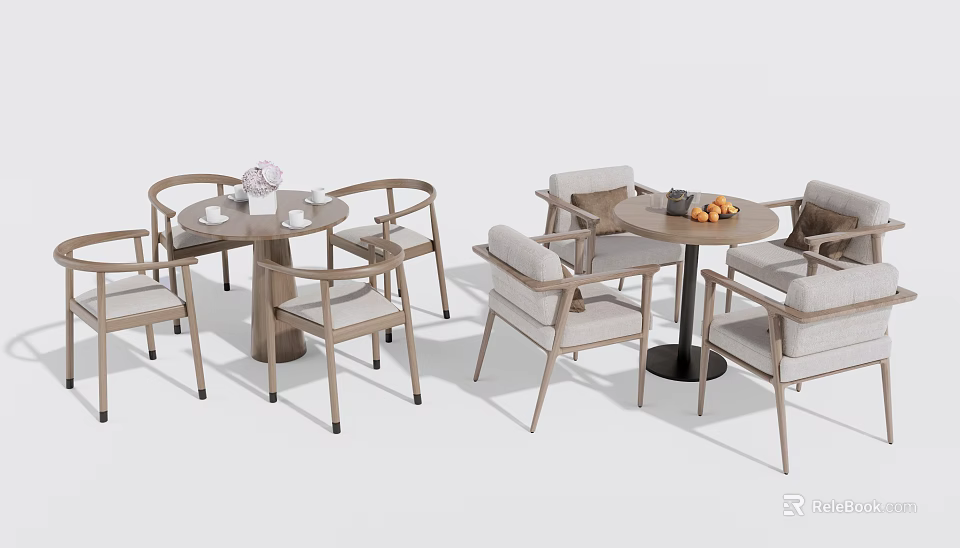 Modern Wooden Dining Table And Upholstered Chairs Set With Decorative Elements 3d model