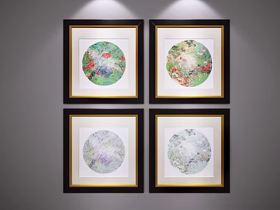 Four Round Botanical Paintings in Black Framed Display Hanging on Gray Wall 3d model
